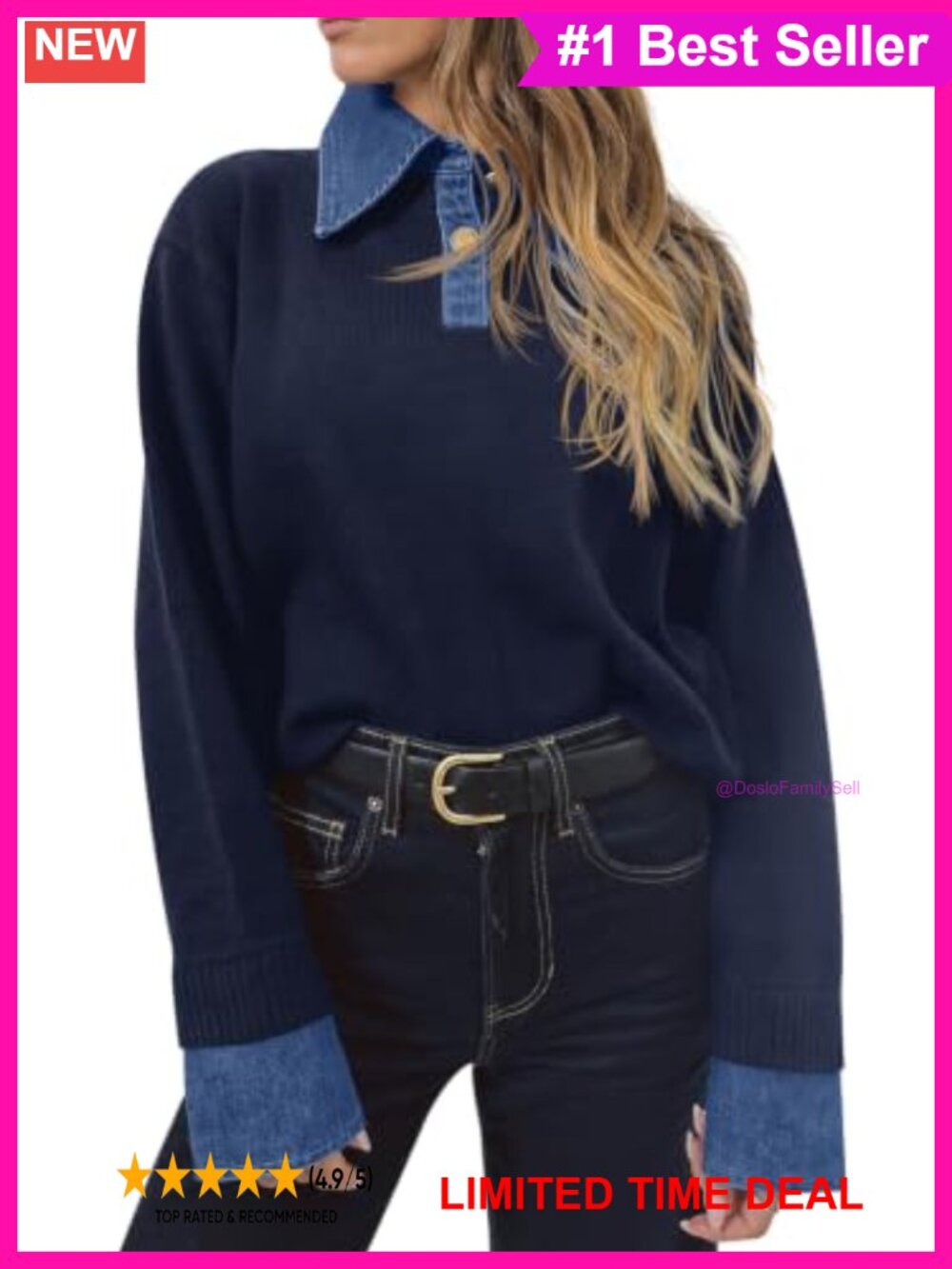 Women's Denim Patchwork V-Neck Polo Pullover Sweater